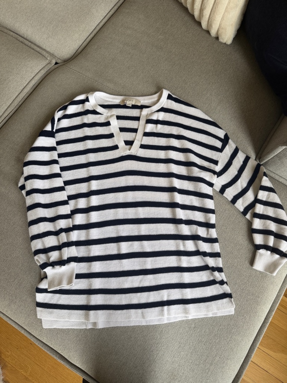 LOFT Striped V-Neck Sweater in White and Navy